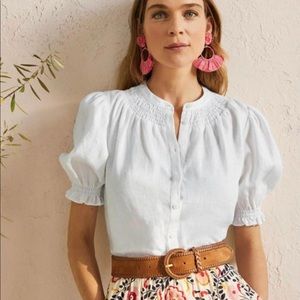 NWOT Boden White Linen Puff Sleeve Smocked Blouse US 6 M